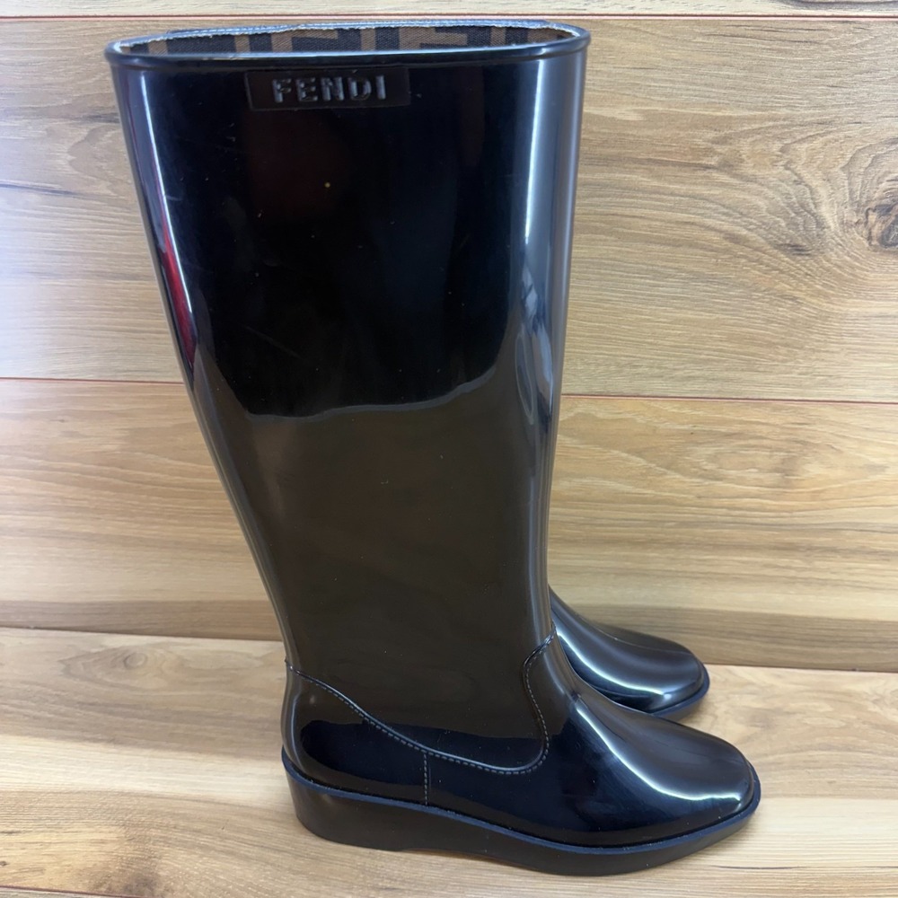 FENDI Tall Wedge Rain Boots Women 9 EU 39 Black Zucca Monogram Lining Waterproof